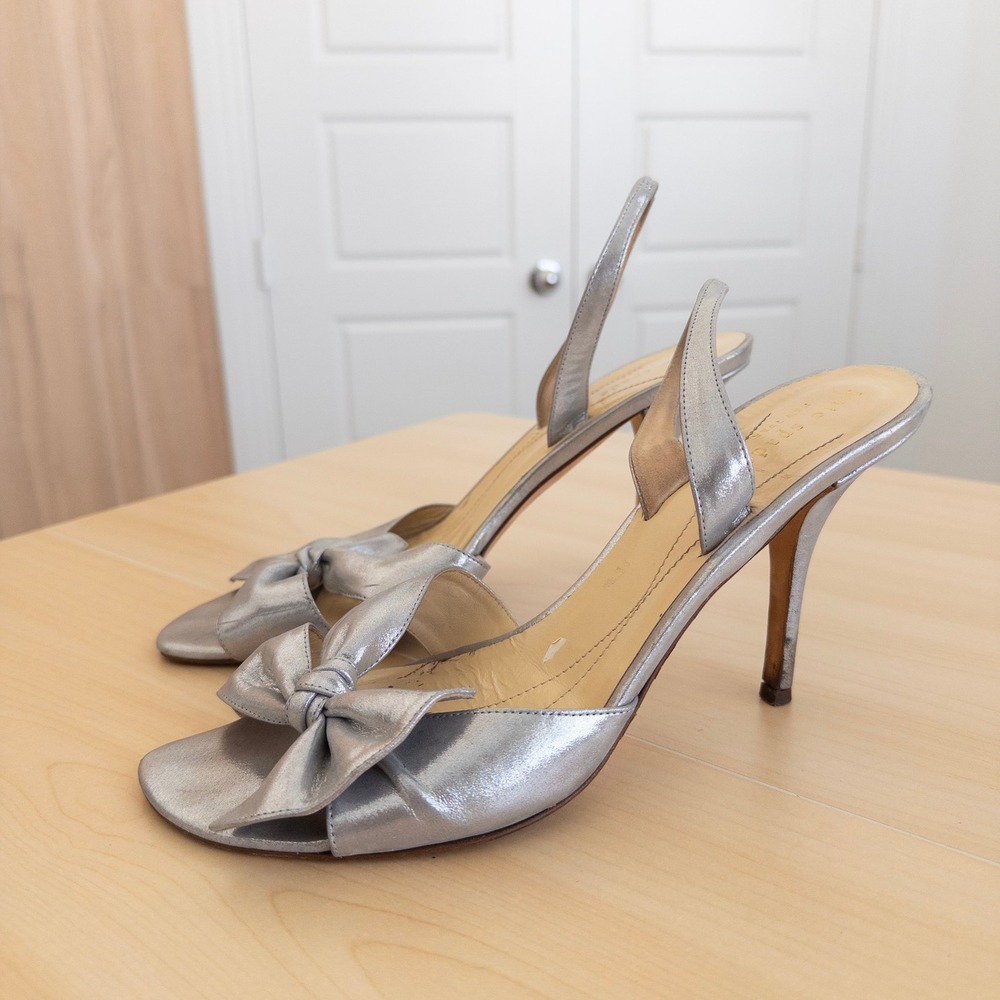 Kate Spade Women Leather Metallic Bow Heels 10 Silver Slingback Stiletto Party